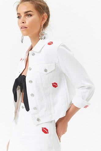 Forever 21 Kiss Embroidered Denim Jacket White/red