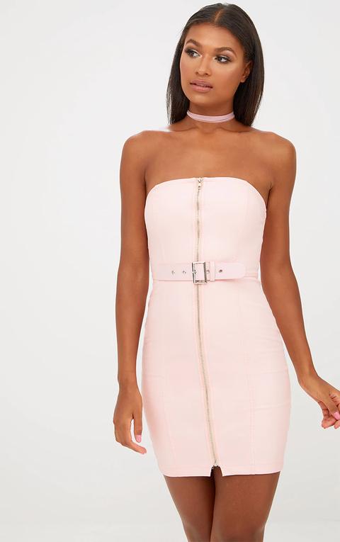 Nude Faux Leather Belt Detail Bodycon Dress, Pink