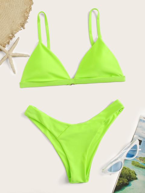 Set De Bikini Top Triángulo Neón De Pierna Alta