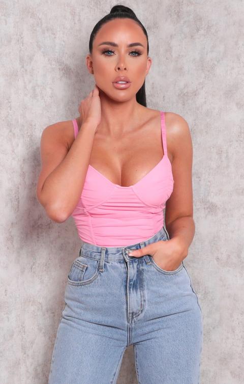 Pink Mesh Overlay Ruched Slinky Strappy Bodysuit - Aria