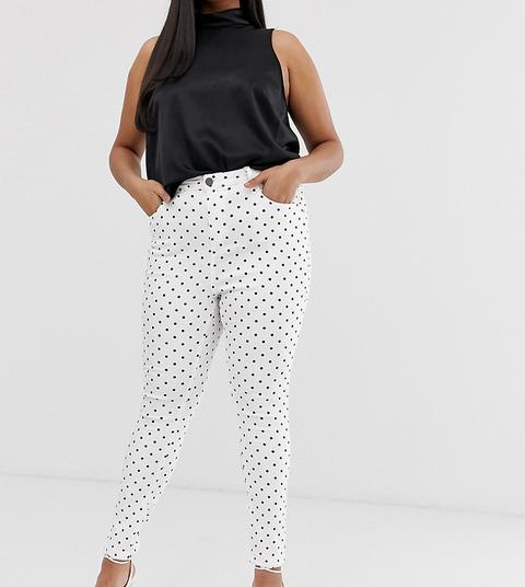 Simply Be Chloe High Waist Skinny Jeans In White With Black Polka Dots - White