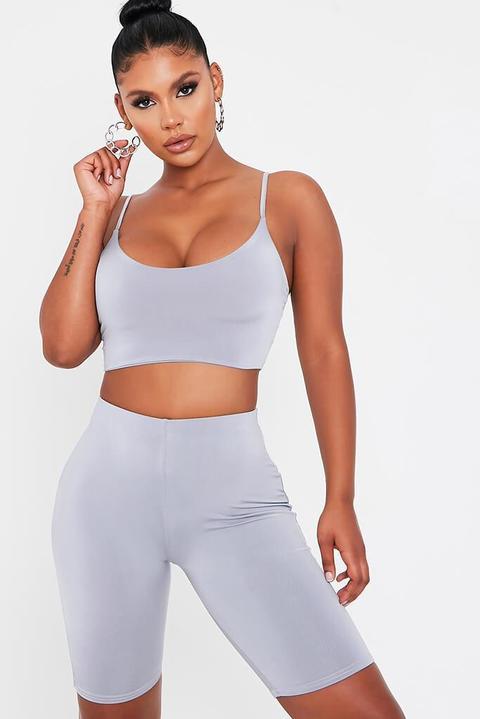 Light Grey Double Layer Slinky Strappy Crop Top