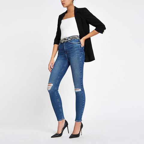 Mid Blue Hailey High Rise Ripped Denim Jeans