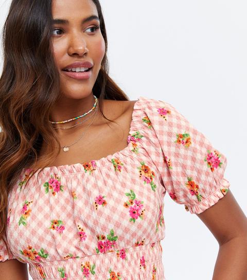 Pink Gingham Floral Shirred Peplum Top New Look