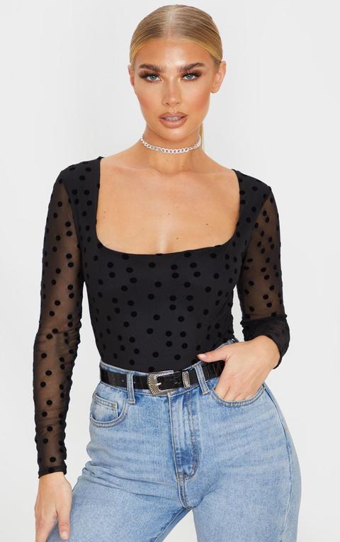 Black Polka Dot Mesh Square Neck Bodysuit