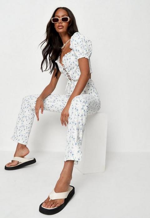 White Co Ord Floral Print Split Hem Jeans, White