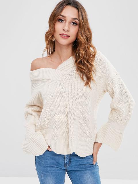 Maglione Con Maniche Svasate E Scollo A V Beige Yellow Red