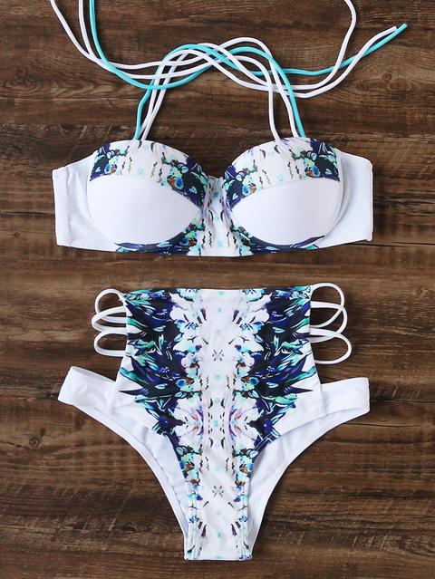 White Flower Stampa Ladder Ritaglio Vita Alta Bikini