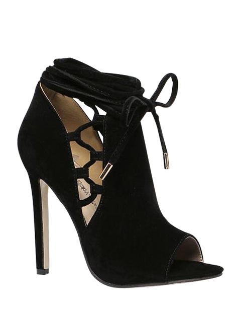 Hollow Out Flock Black Peep Toe Shoes