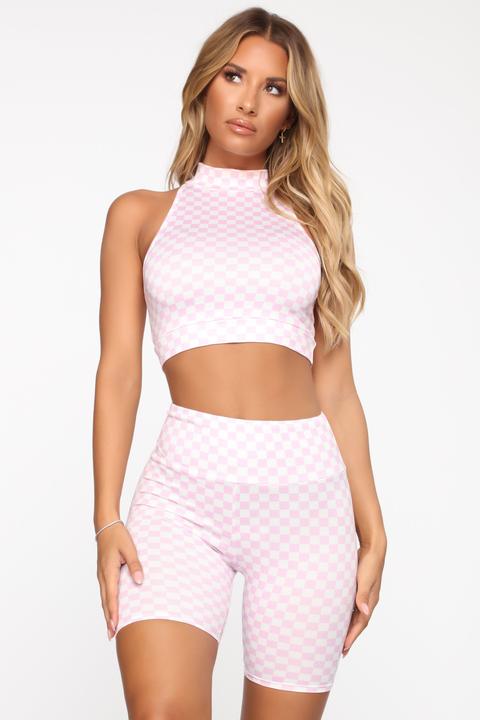 Square Up Biker Short Set - White/pink