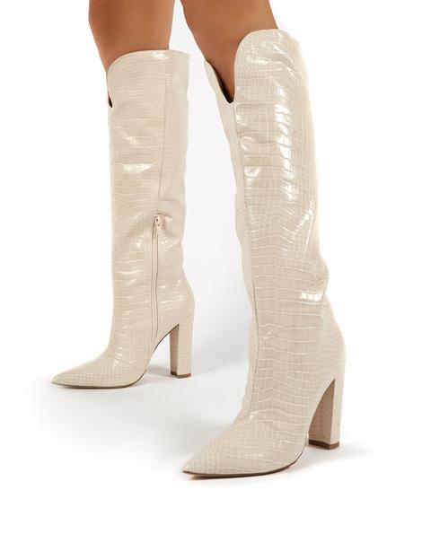 nude croc knee high boots