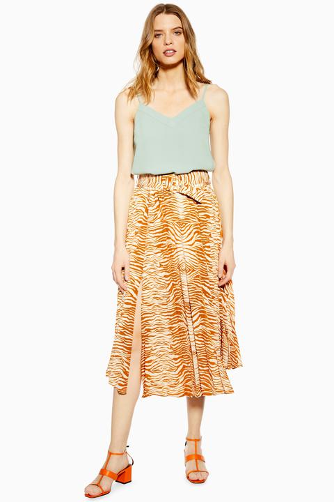 Womens Tall Zebra Belted Pleated Midi Skirt - Orange, Orange