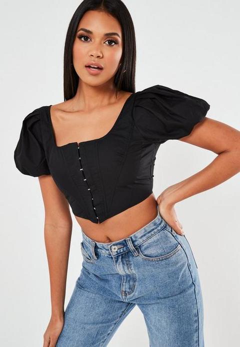 Black Poplin Puff Sleeve Corset Top 