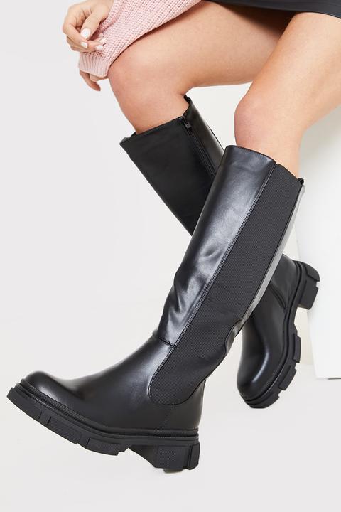 Black Boots - Black Pu Chunky Sole Knee High Boots