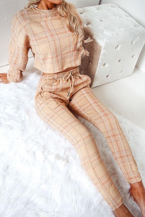 Beige Check Detail Joggers