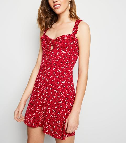 Red Ditsy Floral Lace Up Sundress New Look