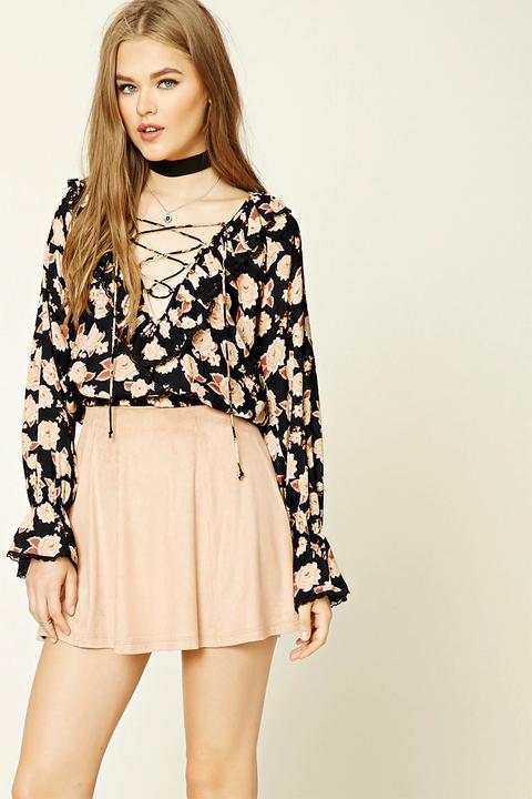 Floral Lace-up Flounce Top