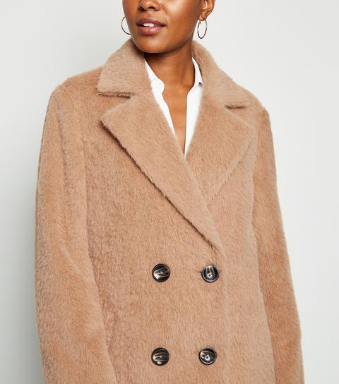 Camel Fluffy Collared Longline Coat New Look