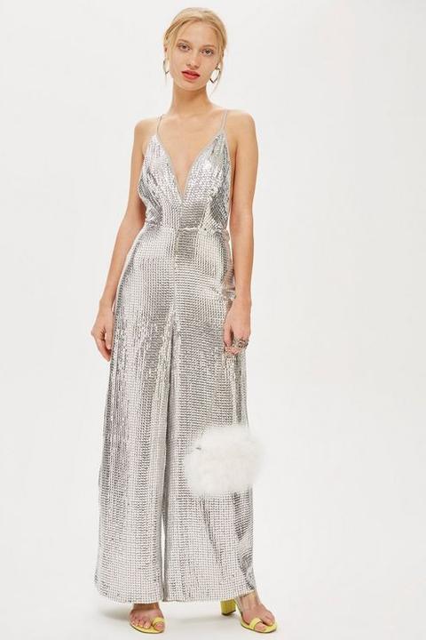 Womens Silver Sequin Jumpsuit - Silver, Silver