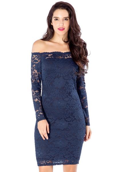 Navy Blue Off-shoulder Lace Pencil Dress