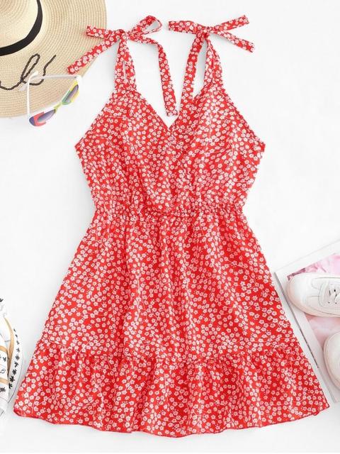 Zaful Floral Tie Shoulder Flounce Mini Dress Night Red