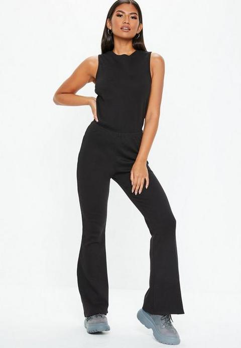 Black Rib Flare Leg Sleeveless Jumpsuit, Black