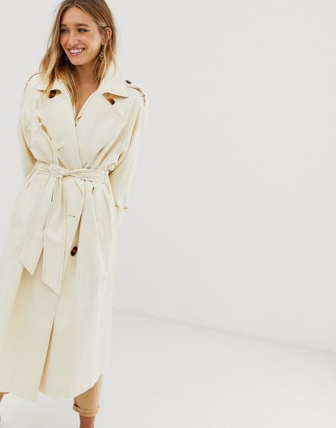 Asos Design Longline Trench Coat With Statement Buttons-white