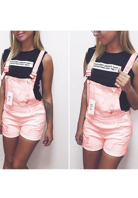 Shorts Tuta Tasche Bottoni Tracolla Dolce Rosa