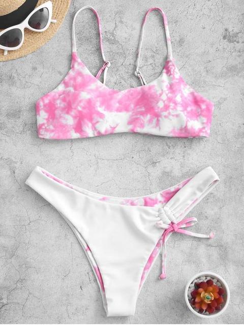 Zaful Bikini De Tie-dye Con Cordones Frontales Pig Pink