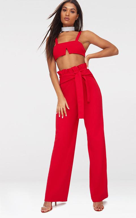 Red Crepe Paperbag Wide Leg Trousers