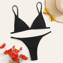 Set De Bikini Top Triángulo Tejido De Canalé Con Tanga