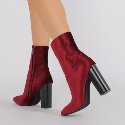 Emerie Pointed Toe Sock Fit Ankle Boots In Bordeaux Velvet