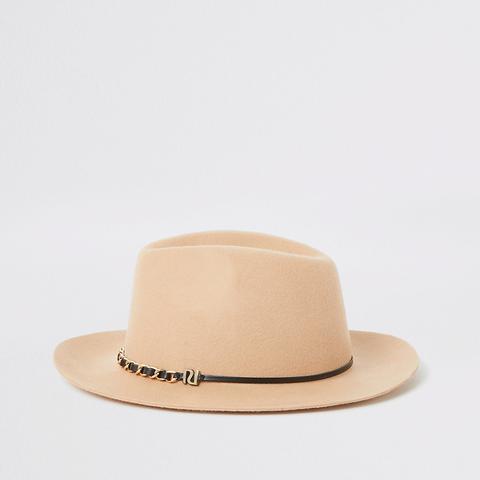 Beige Chain Trim Fedora Hat