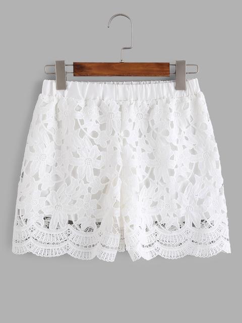 Bianco Elastico In Vita Crochet Rivestimento In Pizzo Shorts