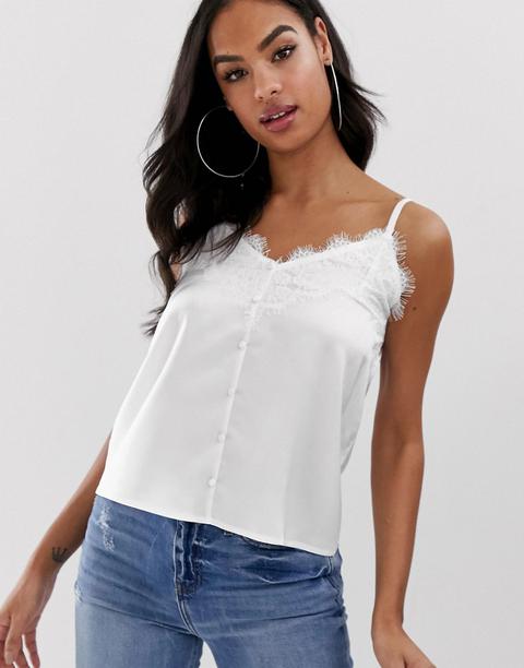 Outrageous Fortune Lace Trim Cami With Button Detail In White