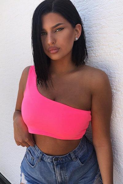 Neon Pink One Shouldered Crop Top - Kamri