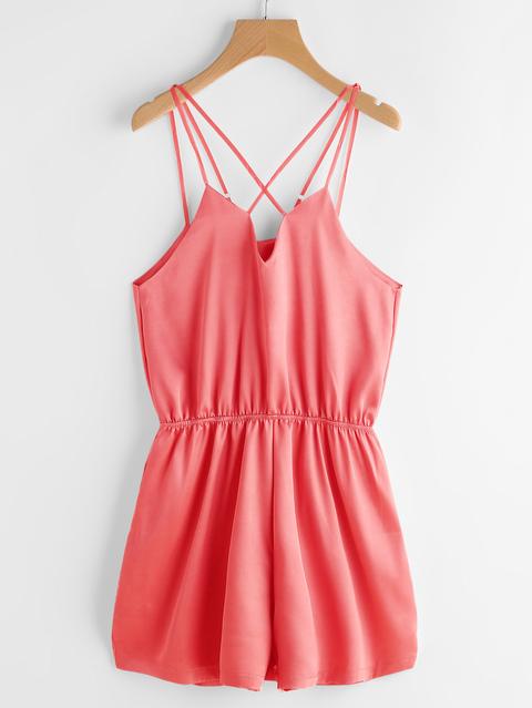 Criss Cross Elastic Waist Satin Cami Romper