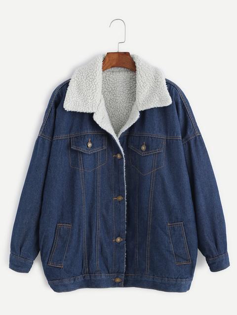 Chaqueta Con Hombro Caído En Denim Con Forro Sherpa - Azul