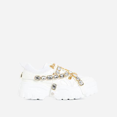 Fever Gem Embellished Trainer In White Faux Leather, White