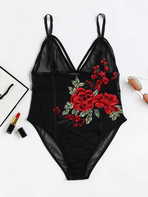 Rose Applique Strappy Detail Cami Bodysuit