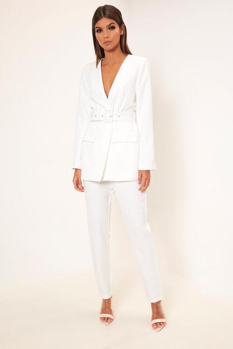 White Plunge Belted Blazer