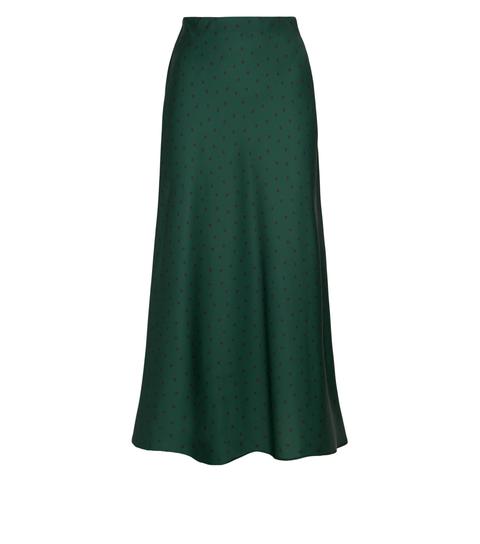 Dark Green Bias Cut Satin Spot Midi Skirt New Look