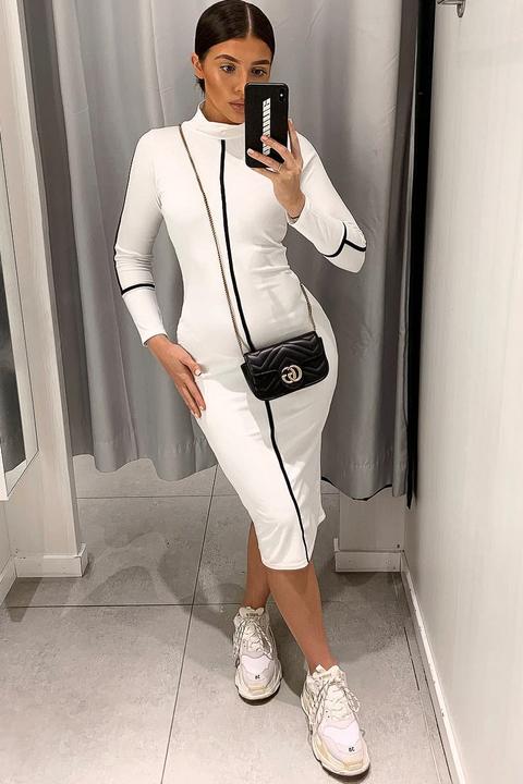 White Contrast Stripe Detail High Neck Midi Dress - Niana