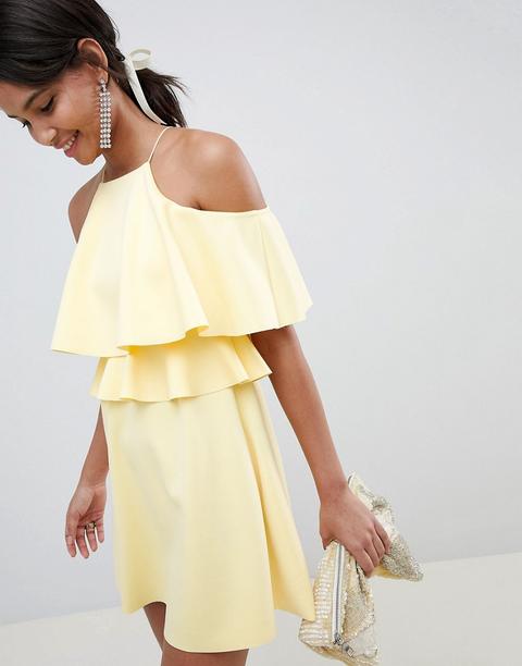 Asos Design High Neck Cold Shoulder Skater Mini Dress - Lemon