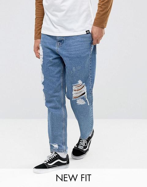 Asos - Jeans Stile Skater Blu Medio Slavato Vintage Con Grandi Strappi - Blu