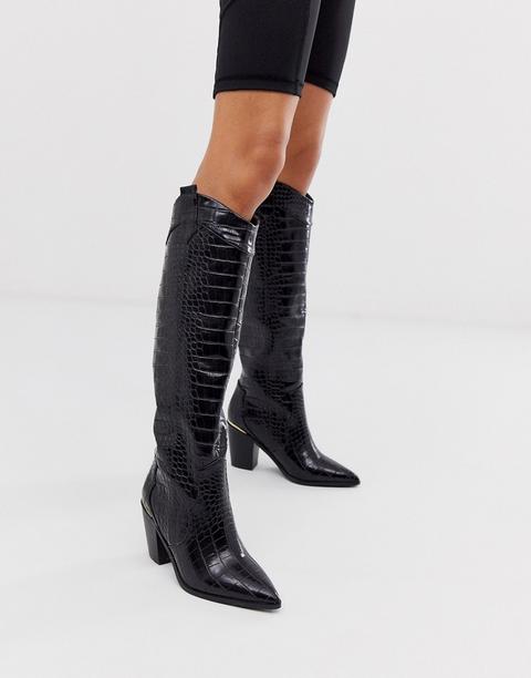 Botas De Caña Alta Estilo Western Sin Cierres En Diseño Negro Cocodrilo De Asos Design