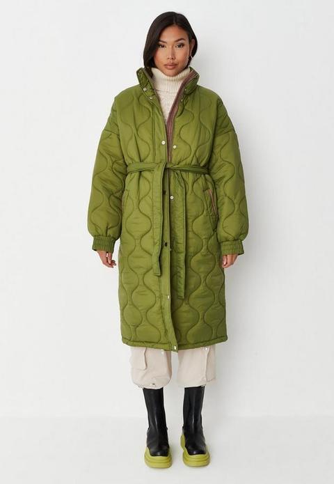 Khaki High Neck Wave Quilted Belted Puffer Coat, Kahki