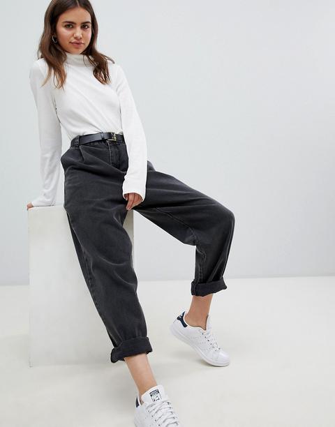 Asos Design Tapered Boyfriend Jeans With Curved Seams And Belt In Washed Black