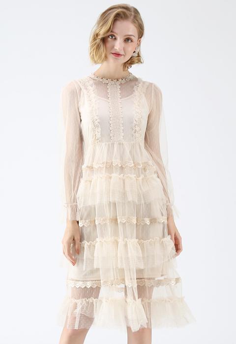Just Dance Tiered Crochet Trimming Mesh Dress In Cream