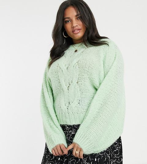 Asos Design Curve Cable Jumper In Lofty Yarn With Volume Sleeve-green